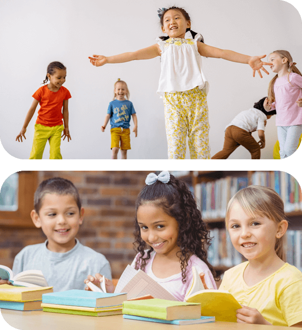 A group of children in the library and at school